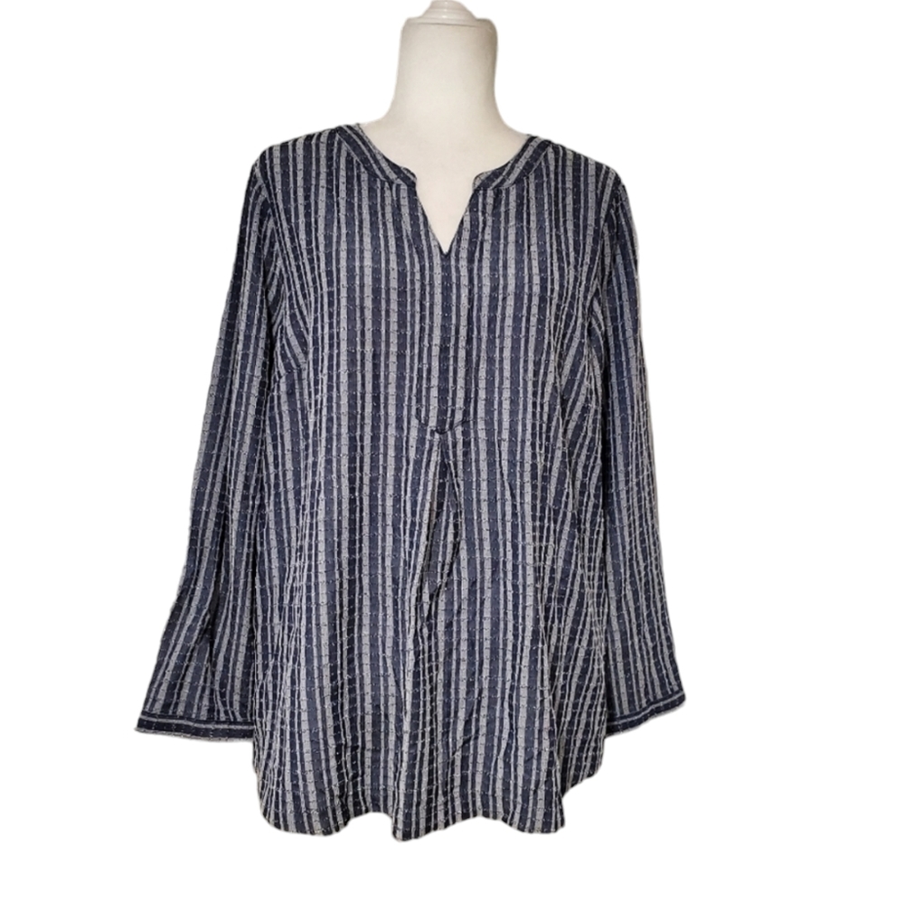 Christopher Banks Tunic Womens Petite XL Blue Striped Long sleeve Slit Pockets